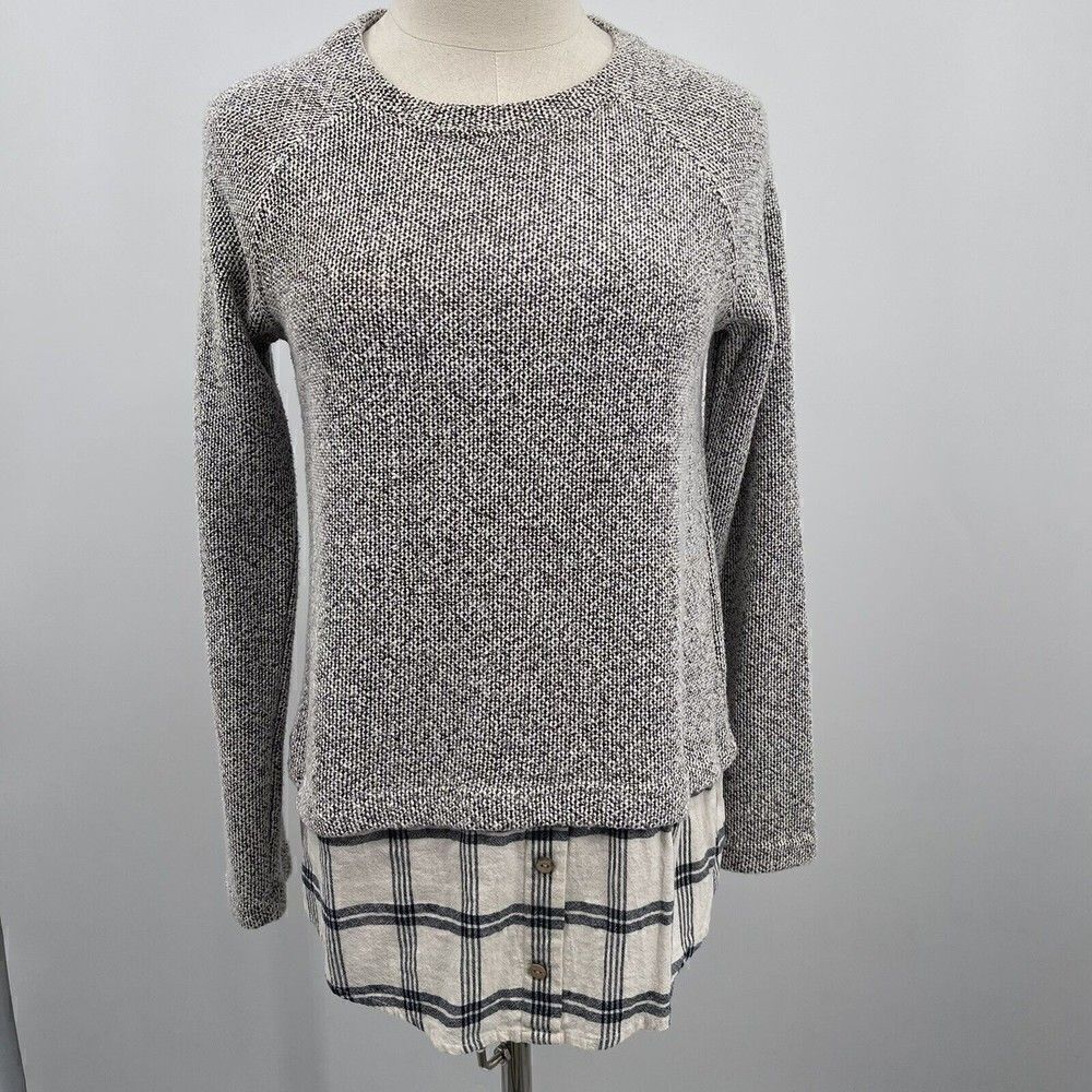 blu pepper womans layered sweater top sz small knit and plaid brown roll sleeve